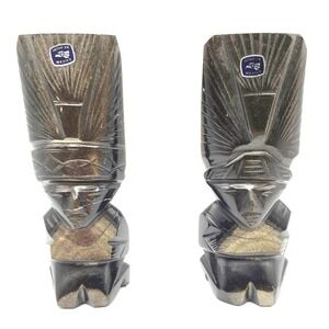 Vintage 1970s Gold Sheen Obsidian Aztec Tribal‎ Sculpture Pair Mexico Decor 6"